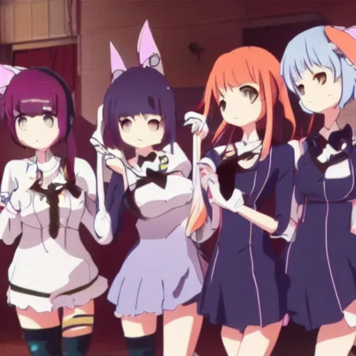 Prompt: “group of catgirls playing together, anime film still. Rise Of The Catgirls(2020)”