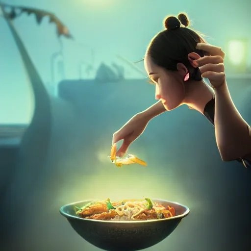 Image similar to movie still macro close photo of happy anonymous holding stirfry to face, by weta disney pixar greg rutkowski wlop ilya kuvshinov rossdraws artgerm octane render iridescent, bright morning, liosh, mucha