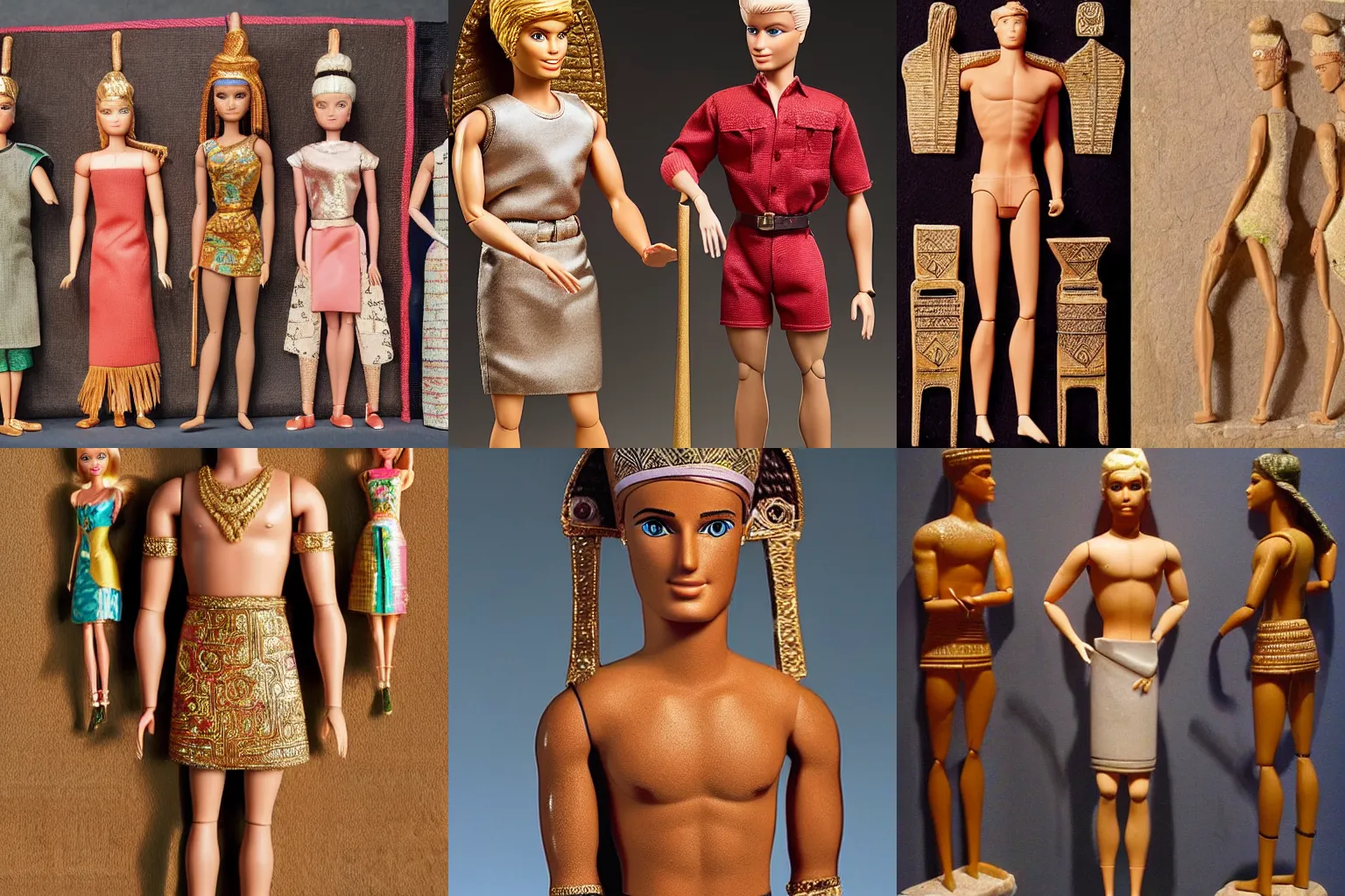 Prompt: Barbie or Ken doll, art in the style of Mesopotamia 3000 to 4000 BCE and Protoliterate period and metal casting