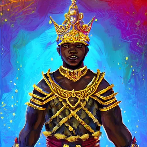 Image similar to a young black boy dressed like an african moorish warrior in gold armor and a crown with a ruby, and a very ornate glowing scimtar, for honor character digital illustration portrait design, by android jones in a psychedelic fantasy style, dramatic lighting, hero pose, wide angle dynamic portrait