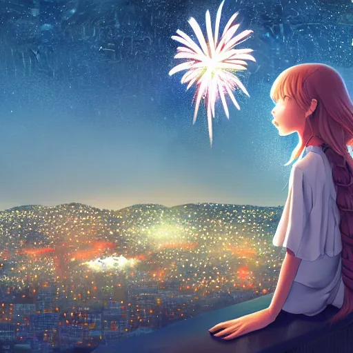 Prompt: girl watching watching fireworks on a hill, digital art, by ben weiner, richard estes, range murata, akiyuki shinbou, yoshitaka amano highly detailed, realistic, cinematic, bold colours, photorealism, 4 k, wide angle lens, trending on artstation