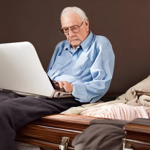 Prompt: elderly man sitting inside a casket browsing internet on laptop from a casket casket, award winning photo