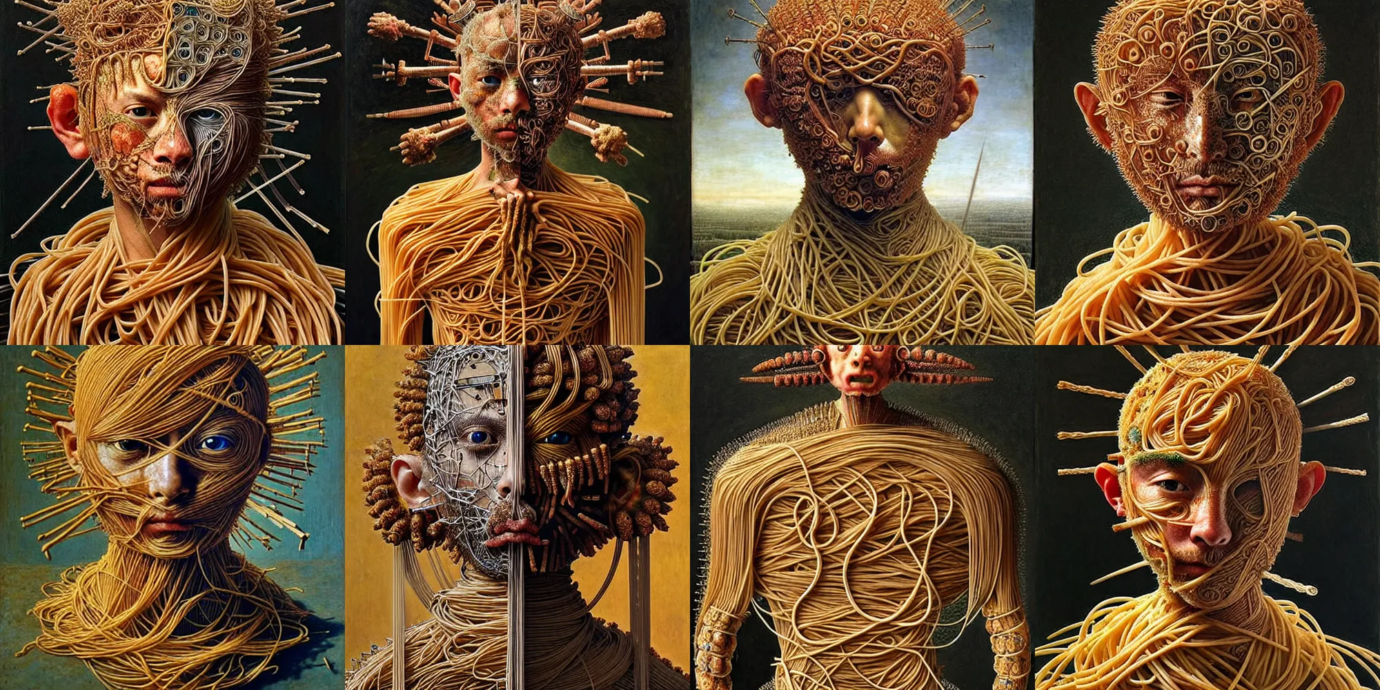 Prompt: half boy half rhibo made of spaghetti, intricate armor made of spaghetti fractals, ancient warrior, samurai style, full bosy in frame, by giuseppe arcimboldo and ambrosius benson, renaissance, intricate and intense oil paint, a touch of beksinski, realistic