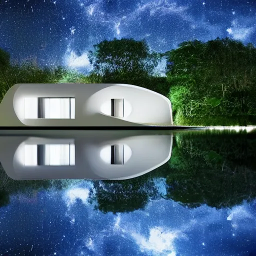 Prompt: atmospheric cozy futuristic organic white concrete house in the middle of a lush and dense forest at night, a beautiful lake next to it, night time, night sky, starry night sky