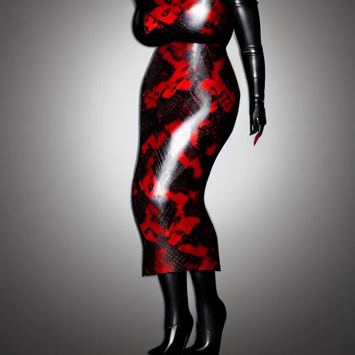 Image similar to curvy feminine hot goth woman with elegant red-black snakeskin leather dress, camo pattern, cgsociety, photorealistic, sublime ambience, idealistic, 16k, smooth, sharp focus, trending on ArtStation, volumetric lighting, fully clothed, worksafe