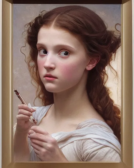 Prompt: a window - lit realistic portrait painting of a thoughtful girl resembling a young, shy, redheaded alicia vikander or millie bobby brown as an ornately dressed princess from the latest star wars movie, highly detailed, intricate, by bouguereau, alphonse mucha, and donato giancola