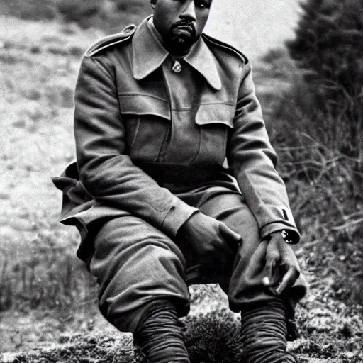 Prompt: vintage monochrome photograph of Kanye West sitting in a trench in world war one, 8k, highly intricate, highly detailed, cinematic,