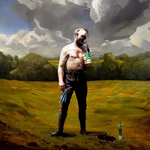 Prompt: a Scottish man holding a pint of beer in the middle of an empty field, In the back ground of the frame is a beautiful landscape., physically accurate, dynamic lighting, intricate, elegant, highly detailed, digital painting, very very ralph steadman, Hieronymus Bosch, Francis Bacon, concept art, smooth, sharp focus, illustration