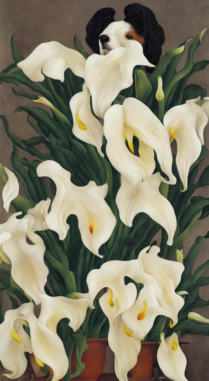 Prompt: portrait of a cream colored havanese dog with calla lillies, mexico, painting by diego rivera realism 1 9 3 5