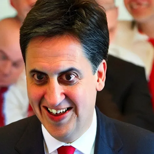 Prompt: Labour Leader Ed Miliband feeling a sandwich with his forehead. Unpleasant aroma, sour face. Photo courtesy of BBC