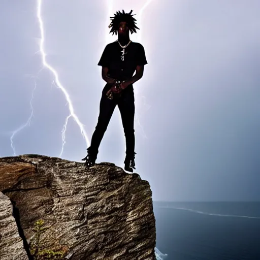 Prompt: an awe inspiring photo of Playboi Carti standing on top of a cliff while lightning strikes behind him