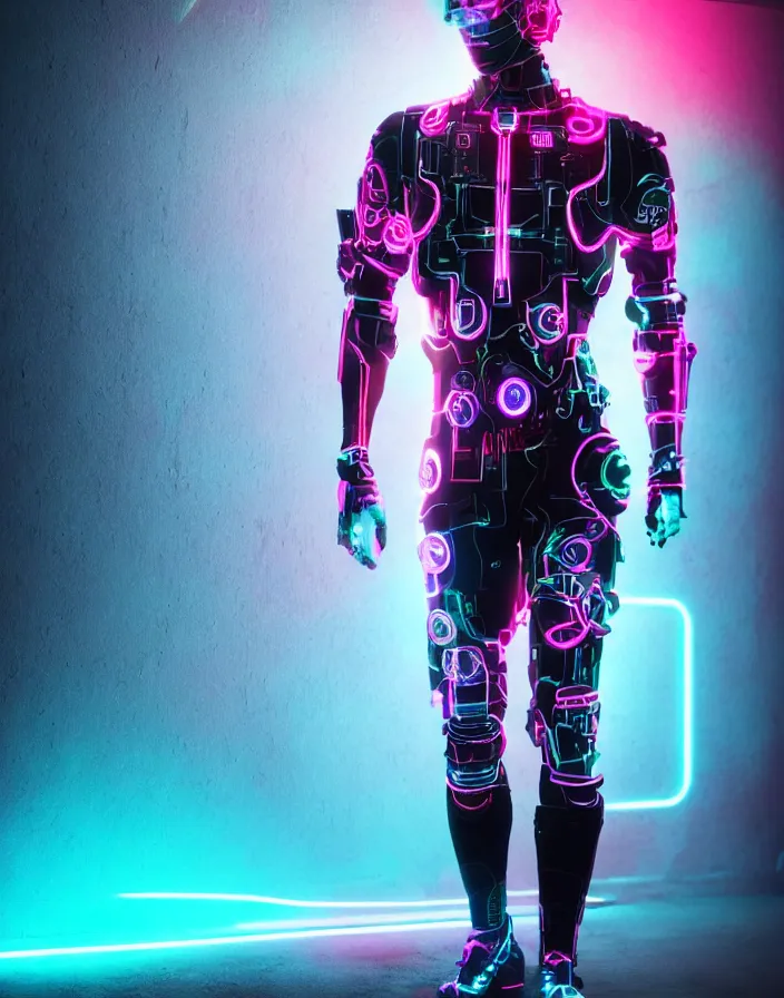 Image similar to full body portrait photo of afghan model cyborg with digital led skin, neon lighting, techno neon projector background, portrait photo, intricate details, ultra realistic, unreal engine 5, depth of field, bokeh, octane render, 8 k hd