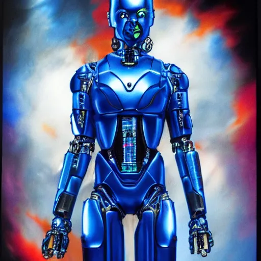 Image similar to Cinematic Imax depiction of an advanced, top of the line cyborg in the style of Jason Edmiston, blue color palette with brightened hues 3840 x 2160