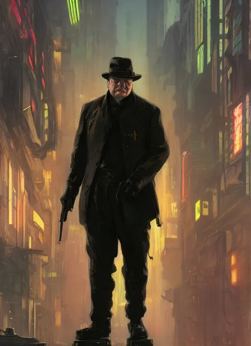 Prompt: Winston Churchill. Cyberpunk assassin in tactical gear. blade runner 2049 concept painting. Epic painting by James Gurney, and Alphonso Mucha. ArtstationHQ. painting with Vivid color. Stylized proportions. (rb6s, Cyberpunk 2077)