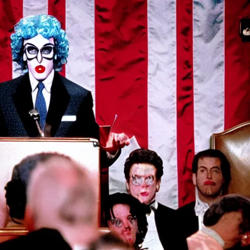 Prompt: Frank-N-Furter addresses the US Congress from a podium in the US Capitol, associated press photo