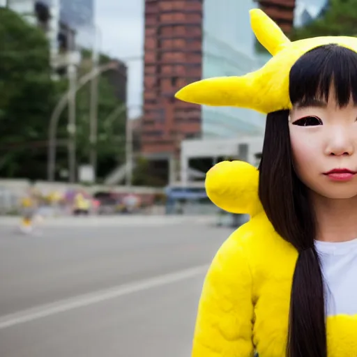 Image similar to upper half portrait, of a anthropomorphic asian girl wearing a pikatchu costume, far shot, 5 feet away