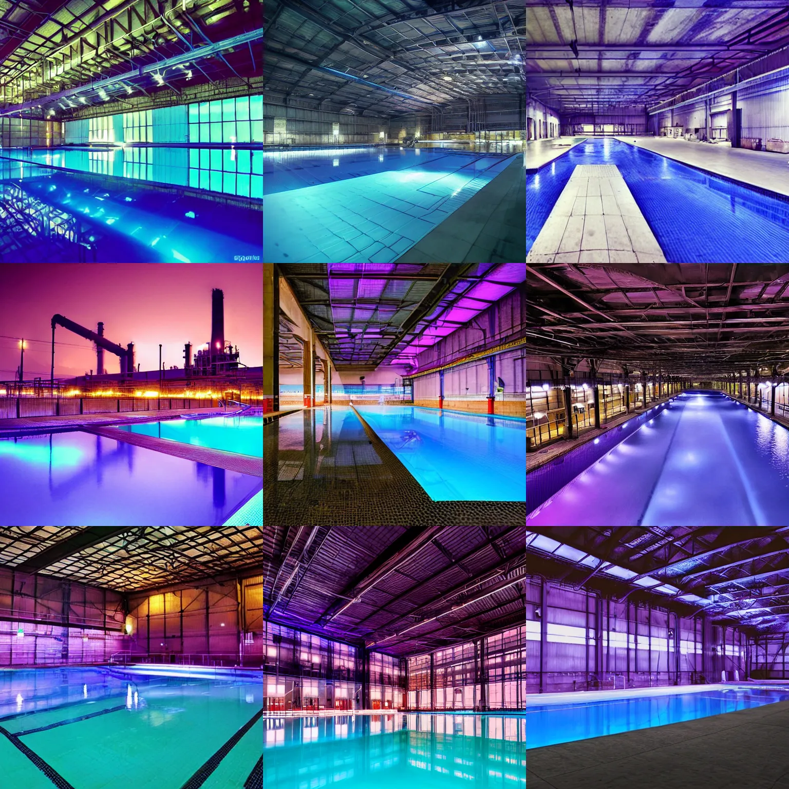 Prompt: breathtaking photo, moody, dreamlike, huge swimming pool, industrial, factory, chemical plant, warehouse, night, purple lighting -W 768