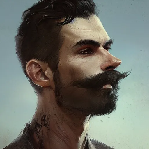 Image similar to portrait of a man with green eyes,brown undercut hair,thin moustache,digital art,realistic,detailed,art by greg rutkowski