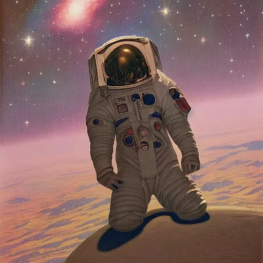 Image similar to an astronaut looking up towards the sky, wondering about others, nebula, chesley bonestell, lucien rudaux, rolf klep