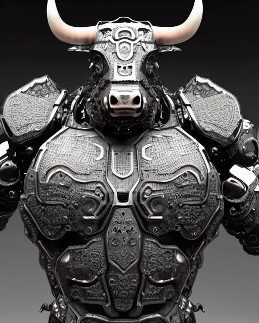 Image similar to a full body shot of an imposing cyborg bull modeled after a bull looking into the camera, contrast lighting, black skin!!!, intricate pattern, hard rubber chest, highly detailed, android, cyborg, full body shot, intricate, 3 d, symmetrical, octane render, fantasy, highly detailed, digital art, artstation, strong bokeh, black face