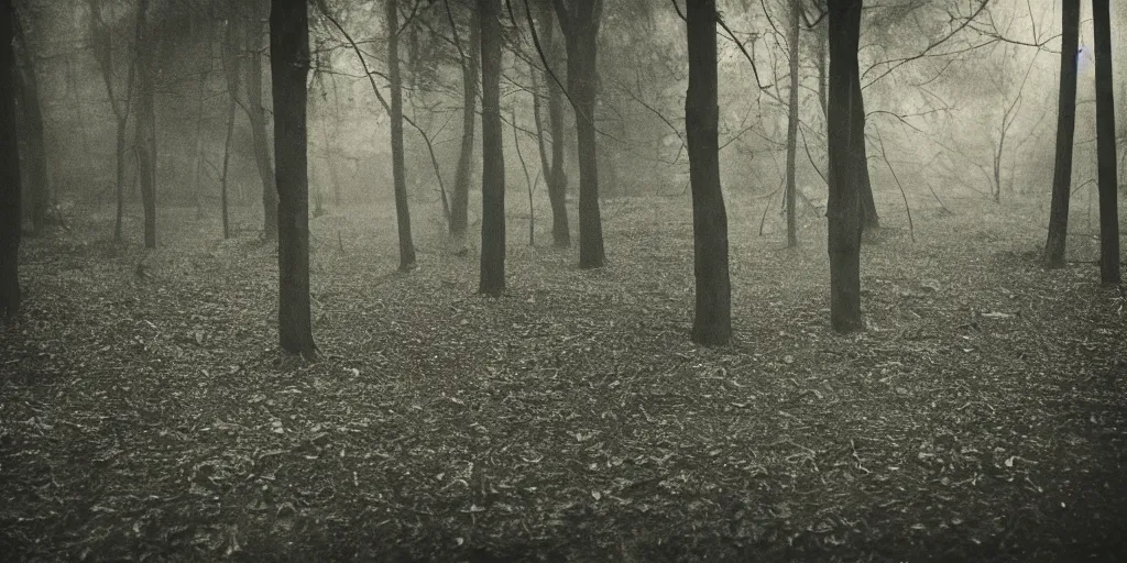 Prompt: a creepy atmospheric play ground in the dark woods, abandoned, haunted, ghost children, ghost hunters, volumetric lighting, film shot, Depth of field, close up shot, 1950's, ISO 1800, scratches, celluloid