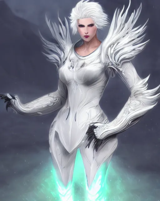 Prompt: tall, attractive white haired lion wearing white dove wings, warframe armor, regal, attractive, ornate, sultry, sexy, beautiful, elize theron, pretty face, green eyes, scifi platform, 4 k, ultra realistic, epic lighting, illuminated, cinematic, black gold, art by akihito tsukushi, voidstar