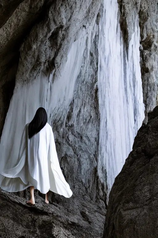 Prompt: a full body back samarai cloaked in white with white long hair, standing in light beam of a dark cave, high quality, ultra detail, wide view