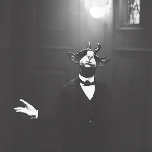 Prompt: Photo of a goat-headed victorian-style magician in a dimly lit room of a gothic castle