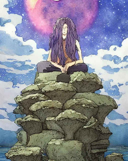 Image similar to a hyperrealist studio ghibli watercolor fantasy concept art of a giant long haired grey witch in lotus position sitting on top of stonehenge with a starry sky in the background. a ufo is in the sky. by rebecca guay, michael kaluta, charles vess