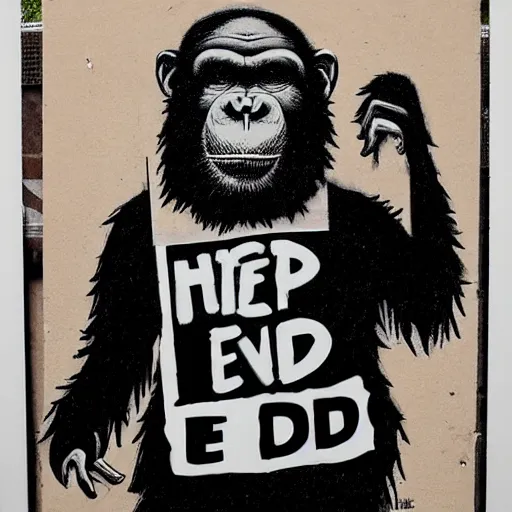 Image similar to an ape holding a sign that says the end is near in the style of banksy, an ultrafine detailed painting by james jean, behance contest winner