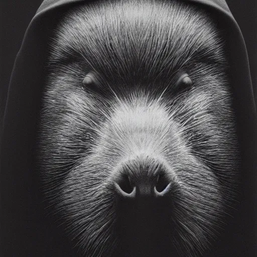 Image similar to a portrait of a capybara wearing a black hood, cloak covering face, anatomically correct, beautiful perfect face, enigmatic, oil painting, matte, black background, volumetric dynamic lighting, highly detailed, cinematic lighting, unreal engine, 8 k, hd, by beksinski