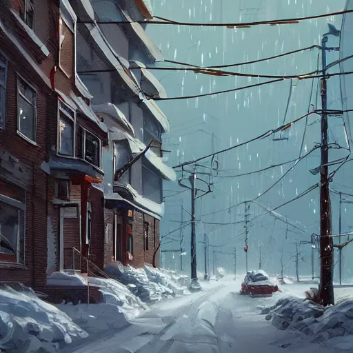 Image similar to a snow covered street with buildings and power lines, concept art by Simon Stålenhag, cgsociety, plein air, concept art, artstation hq, matte drawing