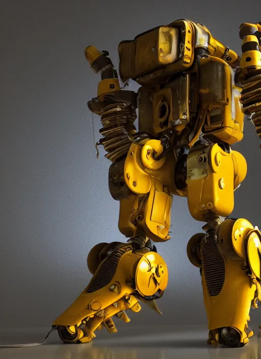 Image similar to a photorealistic dramatic hyperrealistic render of a futuristic exosuit power loader heavy machinery, ultra realistic details, glossy yellow, well worn, rust, oil stains by vitaly bulgarov and mike nash, beautiful dramatic dark moody tones and lighting, cinematic atmosphere, studio lighting, global illumination, shadows, dark background, octane render, 8 k