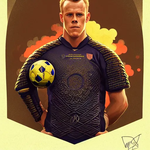 Prompt: Ter Stegen holding an explosive, goalkeeper, football pitch, D&D, fantasy, intricate, elegant, highly detailed, digital painting, artstation, concept art, matte, sharp focus, illustration, art by Artgerm and Greg Rutkowski and Alphonse Mucha