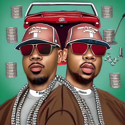 Prompt: photorealistic rap album cover by pen and pixel, a couple guys in a bad mood wearing a baseball cap backwards and sunglasses holding massive stacks of dollar bills and a gigantic diamond while standing in front of a fancy car, jewelry and exotic animals all over the place, 9 0 s rappers, pen and pixel studios, no limit records