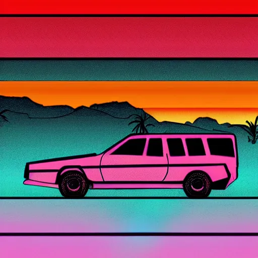 Prompt: wasteland hotline miami desert apocalypse car wide shot landscape nuke fire craters end of the world miami beach sunset palm trees 80s synth retrowave delorean decal