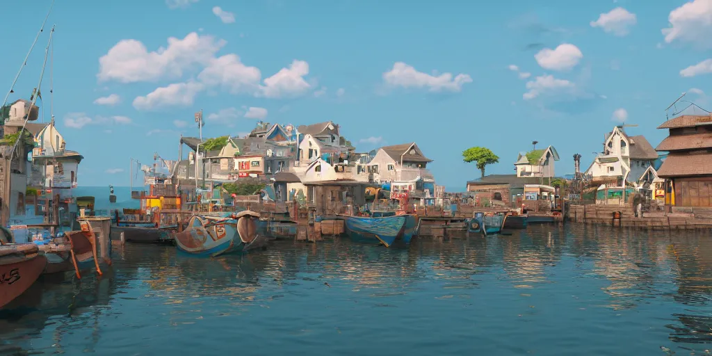 Prompt: a film still of fishing harbour in a small seaside village, medium shot, waist up, studio Ghibli, Pixar and Disney animation, sharp, Rendered in Unreal Engine 5, Bloom, dramatic lighting