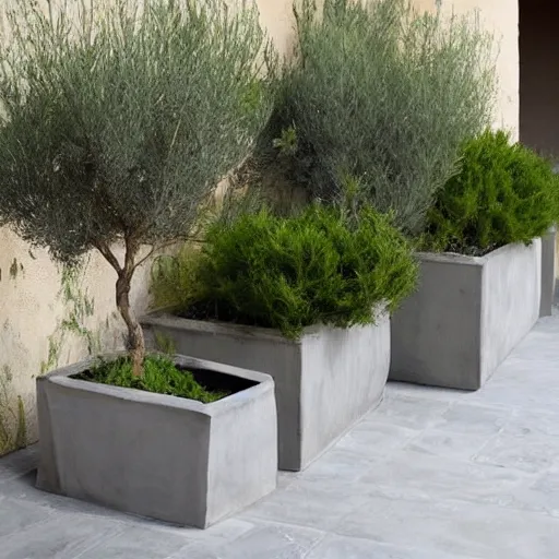 Image similar to creative concrete pots with seatings, olive trees, wpc decking on the floor