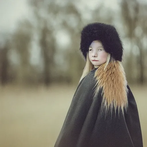 Prompt: symmetry!! portrait photograph of an extremely beautiful!!!! young blonde female with symmetric face. with a very detailed barn owl!!!!! on her shoulder. wearing mongolian traditional outfit in iceland. petzval lens. shallow depth of field. polaroid featured on flickr, art photography,