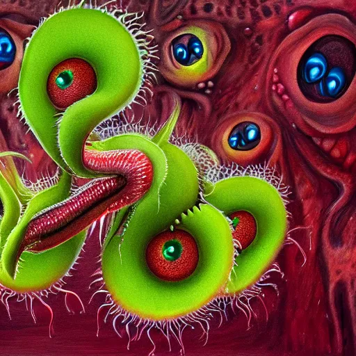 Image similar to cute anthropormorphic furry carniverous plants venus fly trap with very big open eyes and big teeth detailed painting 4 k