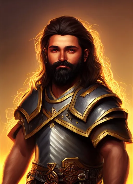 Prompt: a _ fantasy _ style _ portrait _ painting _ of esfandtv big light brown male holy paladin with long wavy brown hair and beard, hammer weapon, rpg dnd oil _ painting _ unreal _ 5 _ daz. _ rpg _ portrait _ extremely _ detailed _ artgerm _ greg _ rutkowski _ greg