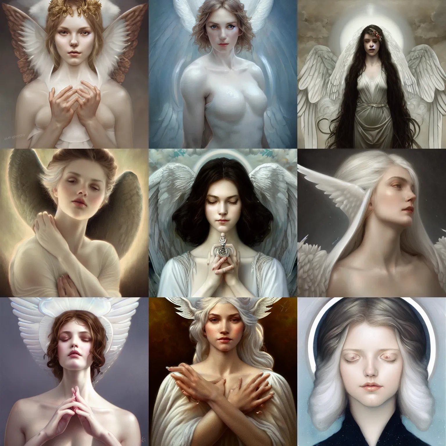 Prompt: white ceramic angel, halo, portrait, headshot, highly detailed, headshot, digital painting, trending on artstation, concept art, sharp focus, illustration, art by artgerm and tom bagshaw and wlop and alphonse mucha