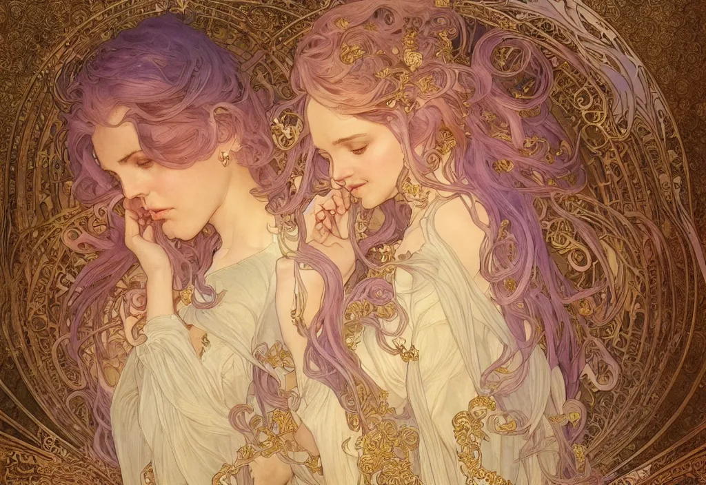 Image similar to an angel, highly detailed, very intricate, art nouveau, gold filigree, romantic storybook fantasy, soft cinematic lighting, award - winning, disney concept art watercolor illustration by mandy jurgens and alphonse mucha and alena aenami, pastel color palette, featured on artstation