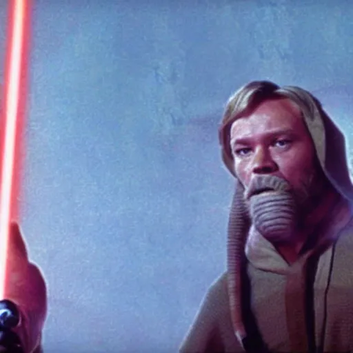 Image similar to a film still of a man with a elephant's head using a Obi Wan Kenobi clothes holding a lightsaber in A New Hope(1977)