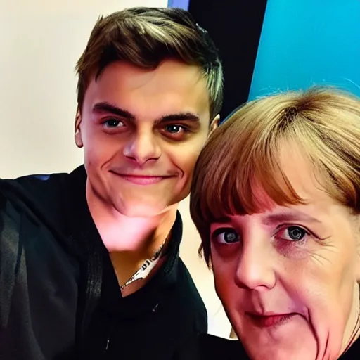 Image similar to martin garrix taking a selfie with angela merkel