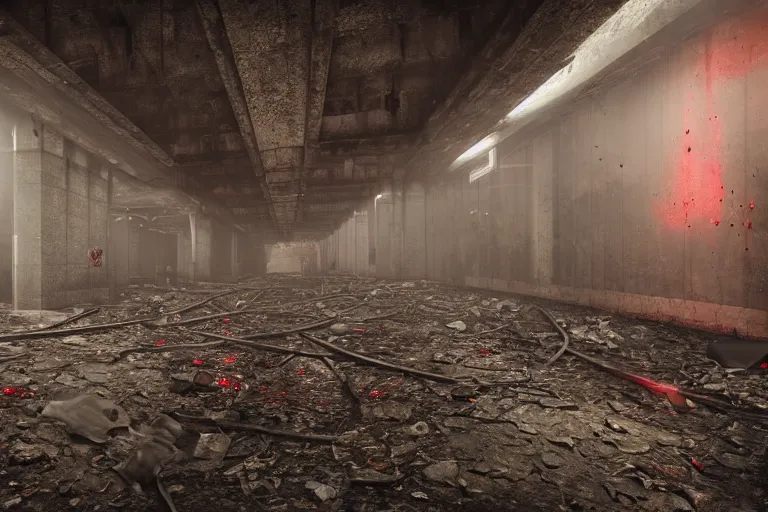 Image similar to ruined, abandoned, underground metro station. Pitch black darkness, red flares on the ground is the only light source. Smoke. Dirt and debris on ground. Unreal Engine. Substance painter. Zbrush. Trending on artstation. 8K. Horror. Resident evil. Highly detailed.