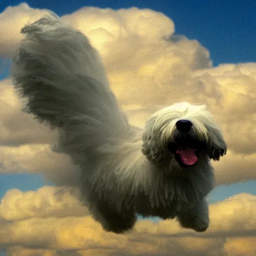 Prompt: Old English sheepdog flying with clouds and hearts