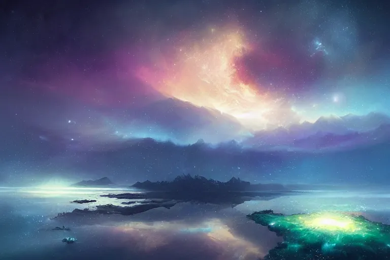 Image similar to the night sky is an upside down ocean, the stars are fish in the depths, the night sky is a sea, distant nebula are glowing algae fantasy painting by jessica rossier