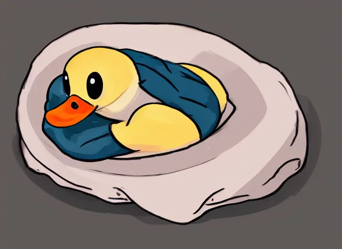 Prompt: cute duck tucked in bed and going to sleep, digital painting, trending on artstation, award winning art, stylized painting