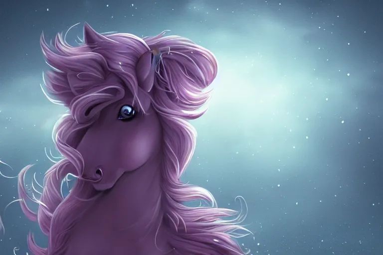 Image similar to Pinkie Pie sitting down viewed from behind, gazing off into the horizon, professional equine photography and mood lighting, mane and tail flowing in the wind, relaxed expression, subtle fog, fireflies, realistic digital art, 4k